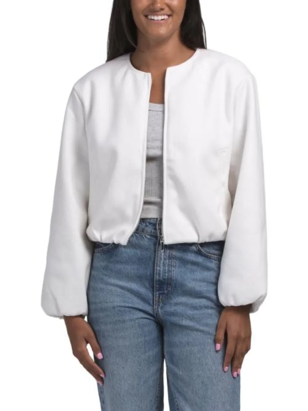 JASON WU lines long sleeve zip front bomber jacket with gathered hem